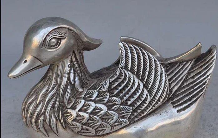 

decoration Tibet copper silver 6"marked china folk silver Mandarin duck Aix Galericulata bird auspicious Statue