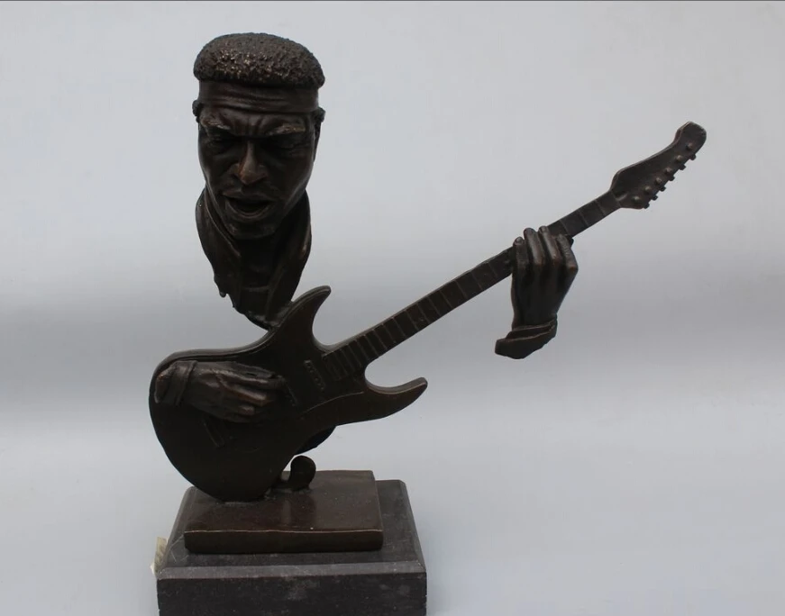 

10"Western Art Decor Bronze Copper Marble Guitarist Guitar Statue Sculpture