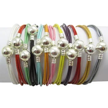 

3 Style 12pcs/lot Mix color Round Clasp Lock Leather Bracelet 18-21cm Fit European Charms Beads Fashion Jewelry PABR03