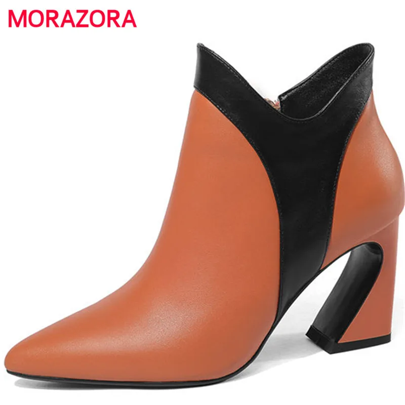 

MORAZORA 2018 new autumn winter high heel ankle boots for women Warm short plush chelsea boots elegant pointed toe ladies boots