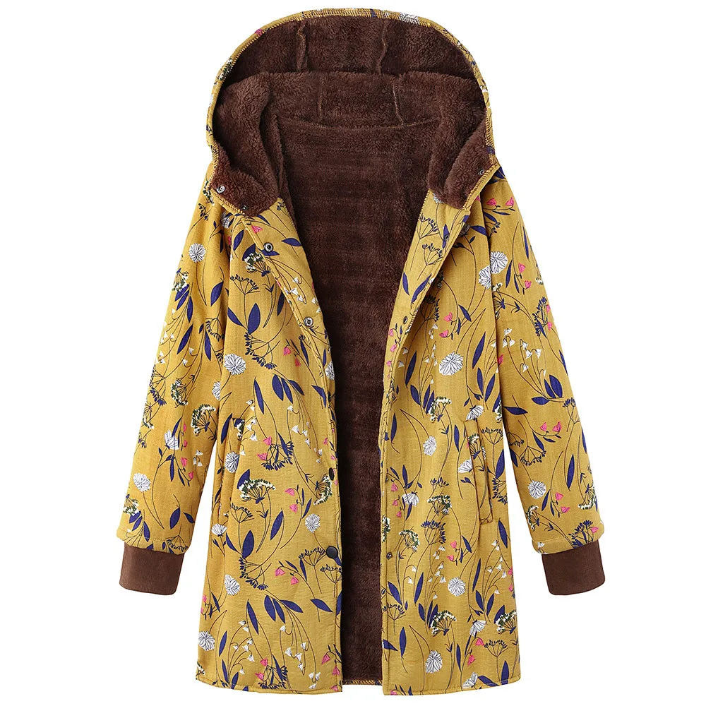 

YOUYEDIAN 2018 Womens Winter Warm Outwear Floral Print Hooded Pockets Vintage Oversize Coats