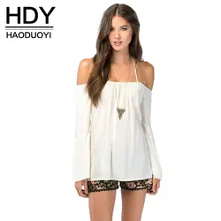 HDY Haoduoyi 2019 модная женская блузка однотонная белая/фиолетовая с открытыми плечами с длинным рукавом Slash Шеи Шифоновые Топы с открытой спиной