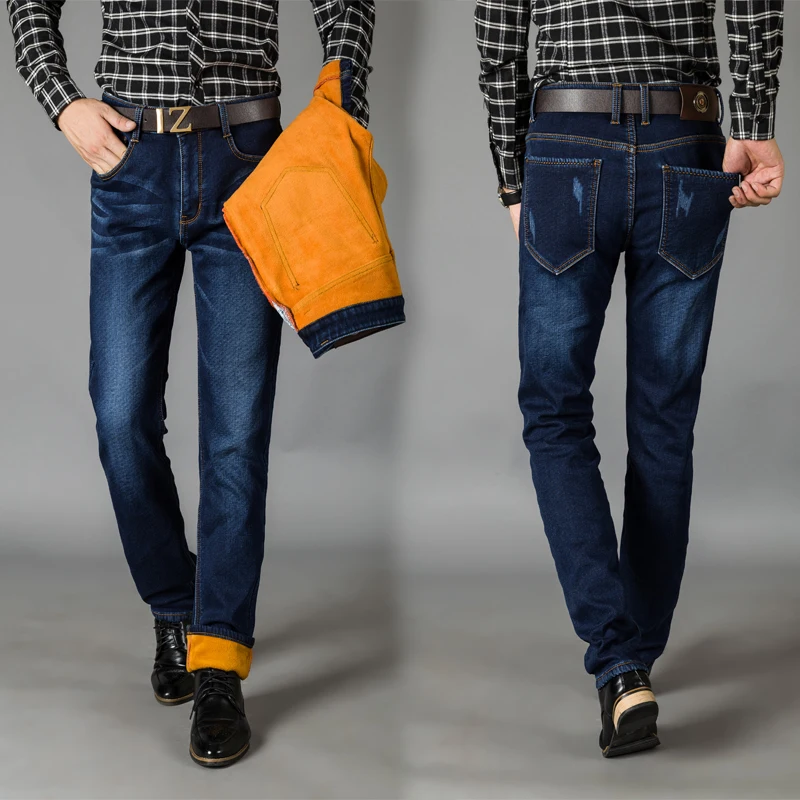 

Men 's tight - fitting straight plus velvet warm jeans Men' s blue cotton trousers slender three - dimensional style