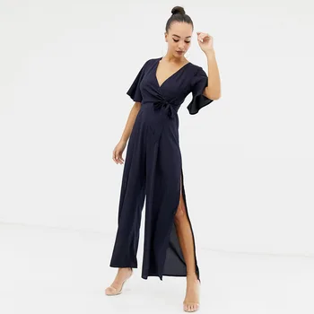

2019 Concise Commute Sexy V Neck Chalaza Short Sleeve Wide Leg Pants Playsuits Woman