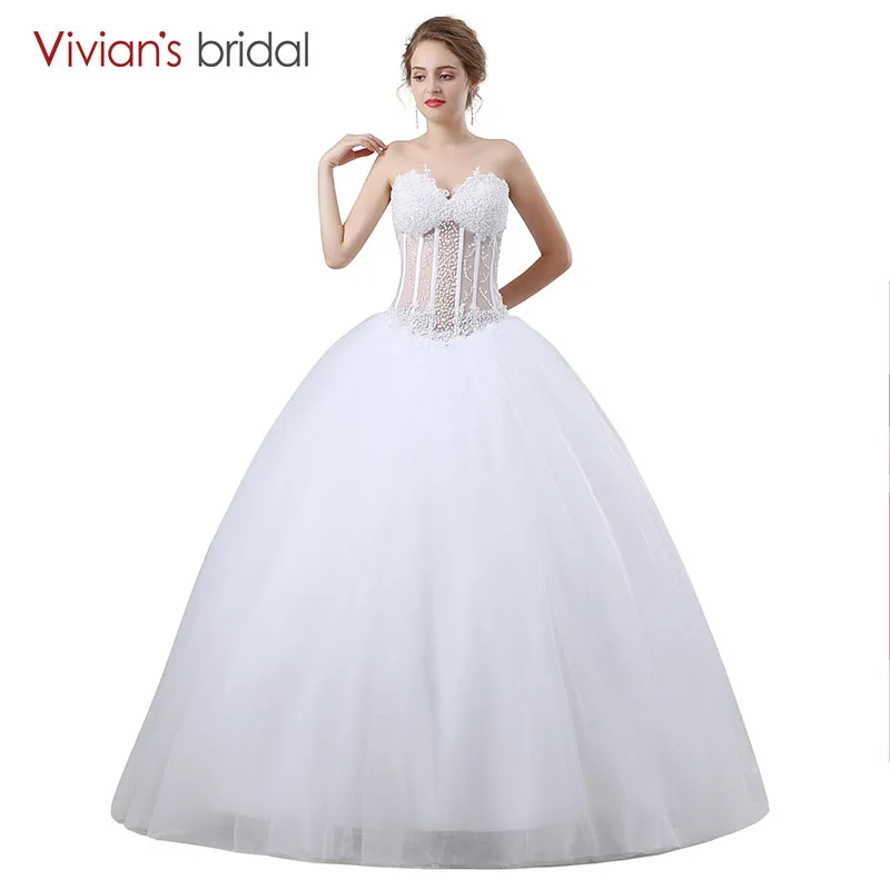 Милое бальное платье свадебное без рукавов Vivian's Bridal с жемчугом и блестками