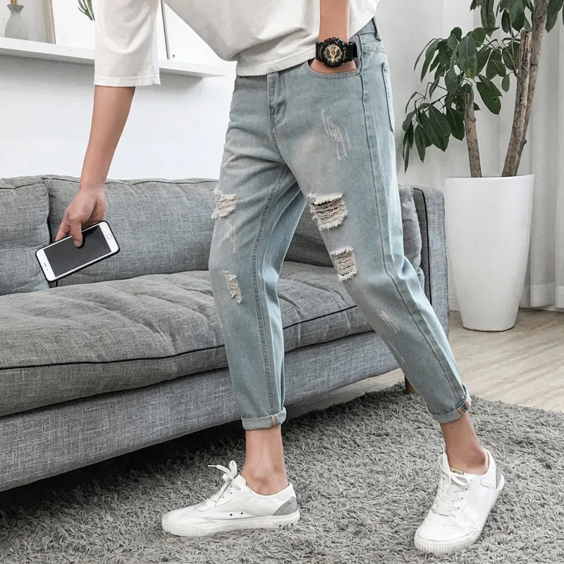 Корейские летние повседневные джинсы мужские брендовые новые Стрейчевые мужские байкерские Джинсы зауженные по щиколотку рваные джинсы для мужчин одежда 36-28