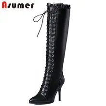 ASUMER/Новинка года; модные сапоги до колена из натуральной кожи и искусственной кожи высокого качества; женские сапоги на тонком высоком каблуке, на молнии; сезон зима-Осень-зима