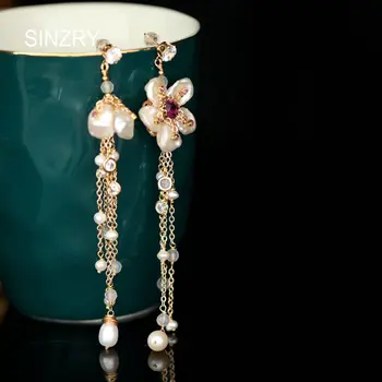 

SINZRY new handmade natural freshwater pearl shell flower asymmetric tassel earrings for female