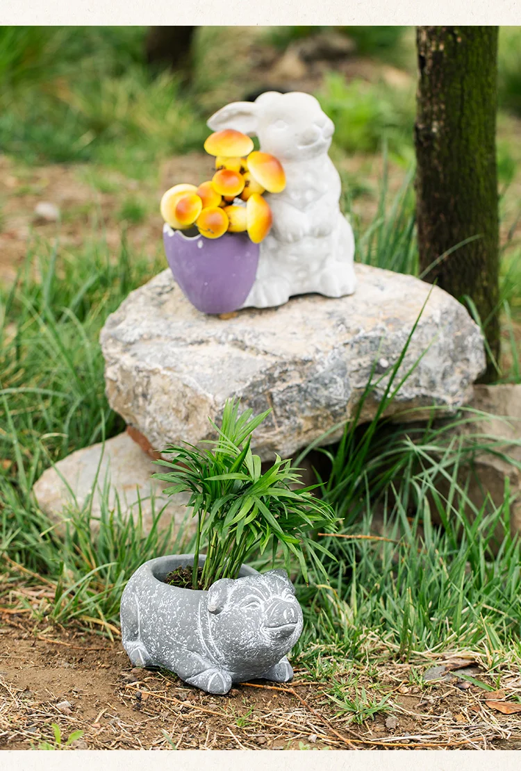 Creative Concrete Pig Fish Cat Rabbit Sculpture Statue Succulent Plant Container Green Planters Small Bonsai Pots Home Decor