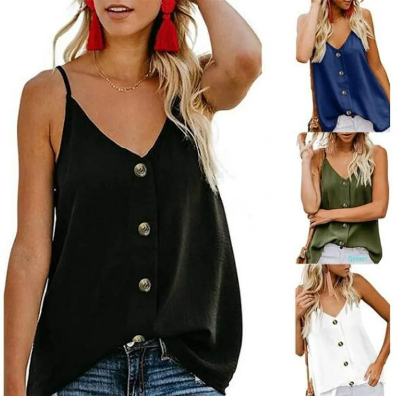 

2019 summer Women's casual V-neck buckle vest top sleeveless shirt blouse womens clothing Solid off shoulder Tanks Camis