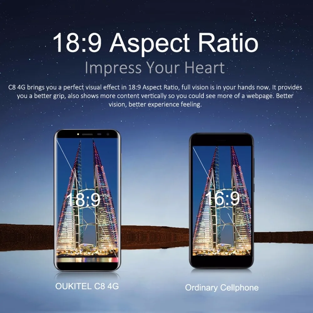Oukitel C8 4G LTE 5.5'' 18:9 Display Smartphone Android 7.0 3000mAh 2GB RAM 16GB MTK6737 Quad Core Fingerprint 13MP Cellphone