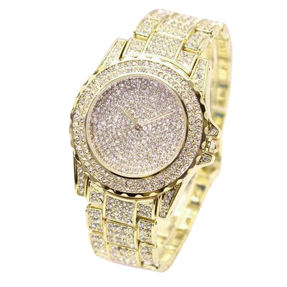 Women Fashion Bling Luxury Diamond Quartz Watches Gold Ladies