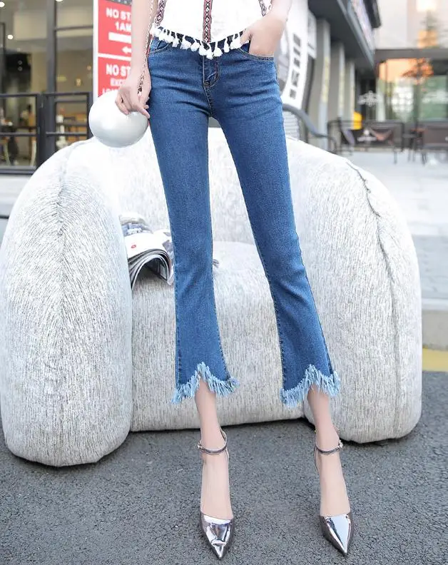AS48 Pantalones Mujer повседневные джинсы с карманами джинсовые джинсы больших размеров с завышенной талией расклешенные джинсы брюки с кисточками