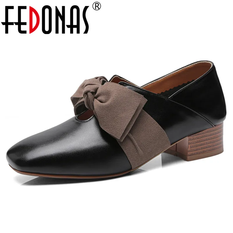 

FEDONAS New Women Fashion High Heels Pumps Square Toe Bowtie Party Wedding Shoes Woman Genuine Leather Prom Pumps Ladies Shoes
