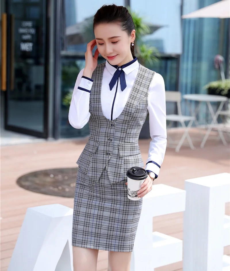 

Fashion Women Business Suits with Skirt and Top Sets Vest & Waistcoat Grey Plaid Office Ladies Work Uniforms Styles