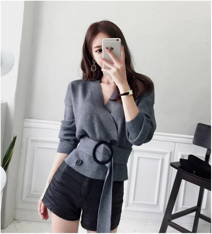 New High Quality Warm Cardigan Winter Women V Neck Double Breasted Short Sweaters Women Casual With Belt Knit Sweater DS50816