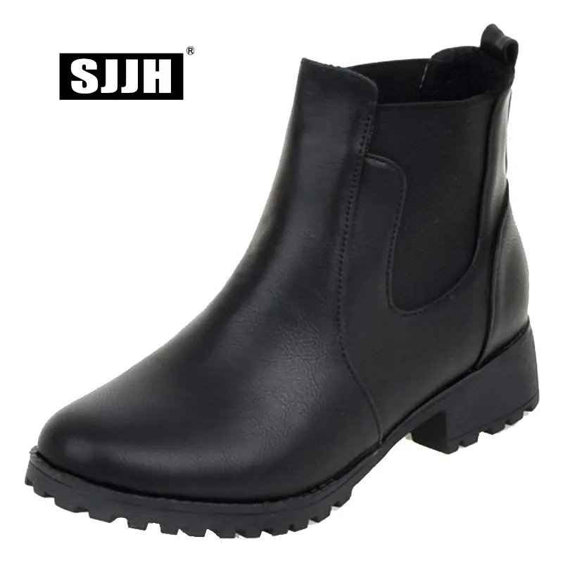 SJJH Woman Ankle Boots with Round Toe Square Heel Plush Elastic Short Martin Boots Fashion Casual Working Shoes Large Size Q103