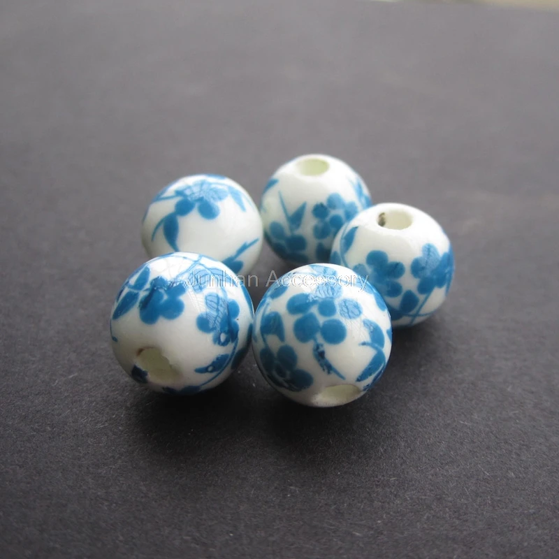 

40Pcs/Lot 8mm 10mm 12mm Ceramic Beads Round White with Ocean Blue Blossom For jewelry making