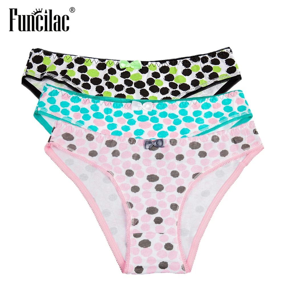 

FUNCILAC Brand Underwear Women Dot Print Briefs Sexy Lace Panties For Women Simple Solid Knickers Shorts Seamless Intimates 3pcs