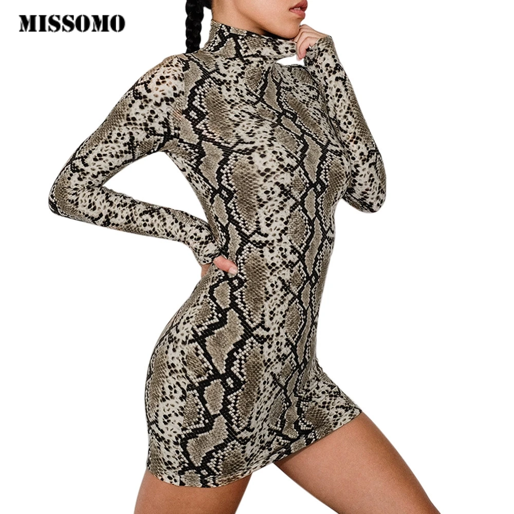 

MISSOMO Women's Snake Printed Dress Summer Sexy Long Sleeve Turtleneck Snake Striped Print Sheath Mini Dress