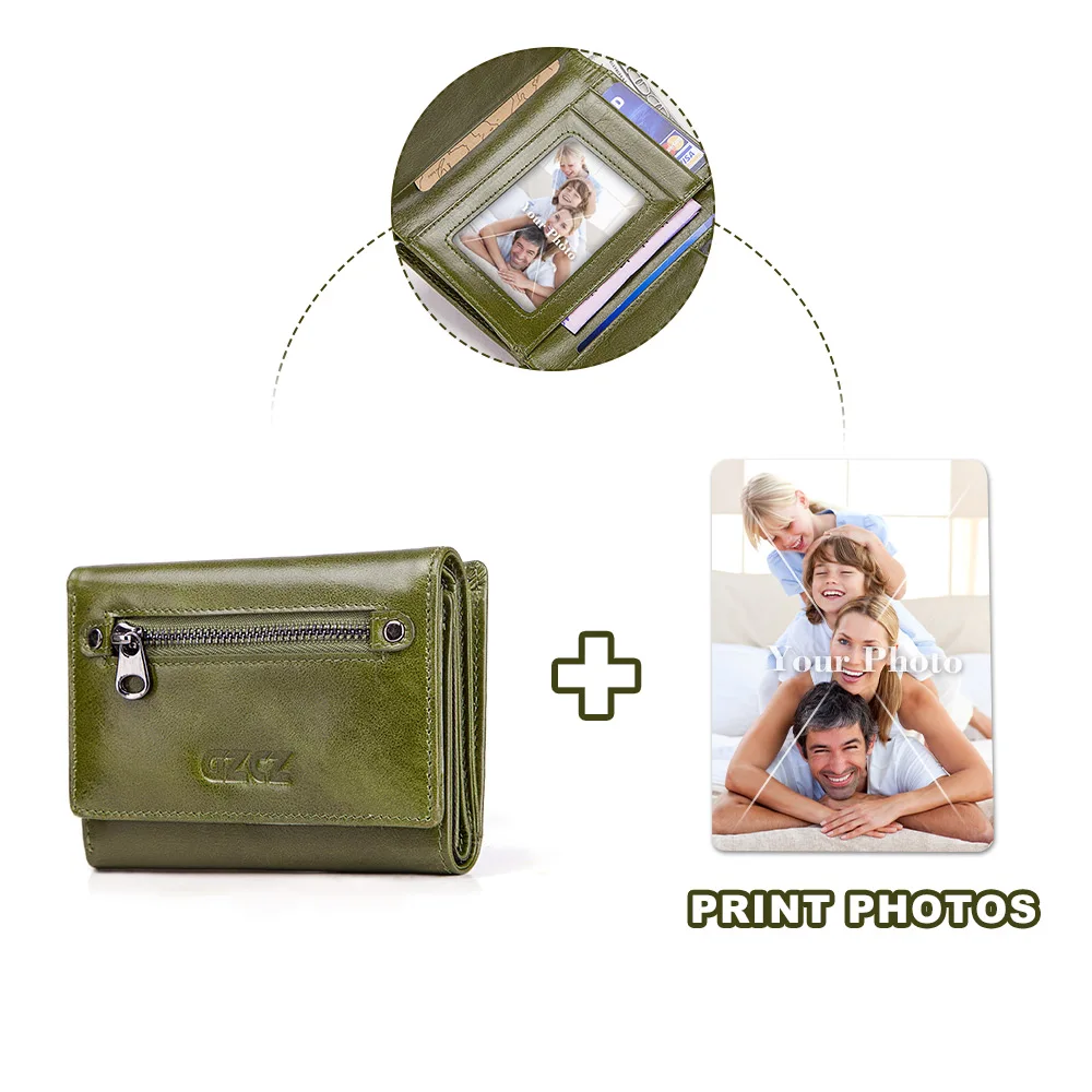 Гравировка, новинка, Женский кошелек из натуральной кожи, модный Rfid кошелек, маленькие женские кошельки на молнии, кошелек с зажимом для денег - Цвет: Green-S-Photo