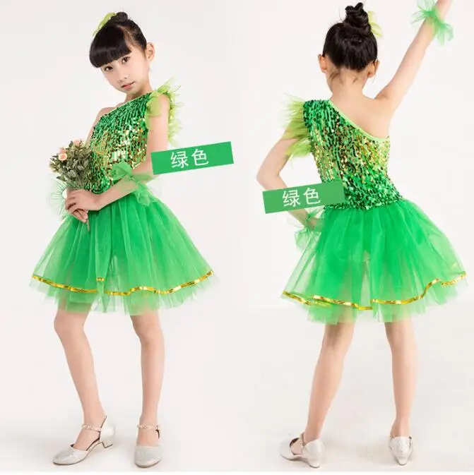 Блестящая зеленая новая джазовая танцевальная одежда без рукавов для девочек, платье дети бальный танцы хип-хоп танцевальные костюмы 110-160 - Цвет: Зеленый