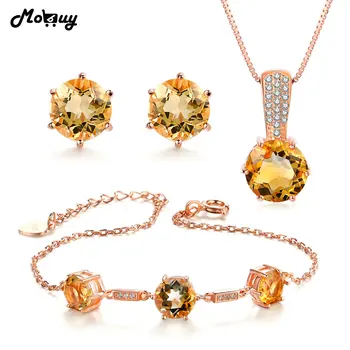 

MoBuy Wedding Jewelry Set Natural Gemstone Yellow Citrine 100%925 Sterling Silver 3PCS Fine Jewelry For Women Engagement V002EHN