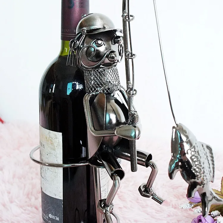 

O.RoseLif Bar Handmade Funny Fisherman Whisky Holder Wine Rack Metal Crafts Gift Home Furnishing Wine Holder Smile