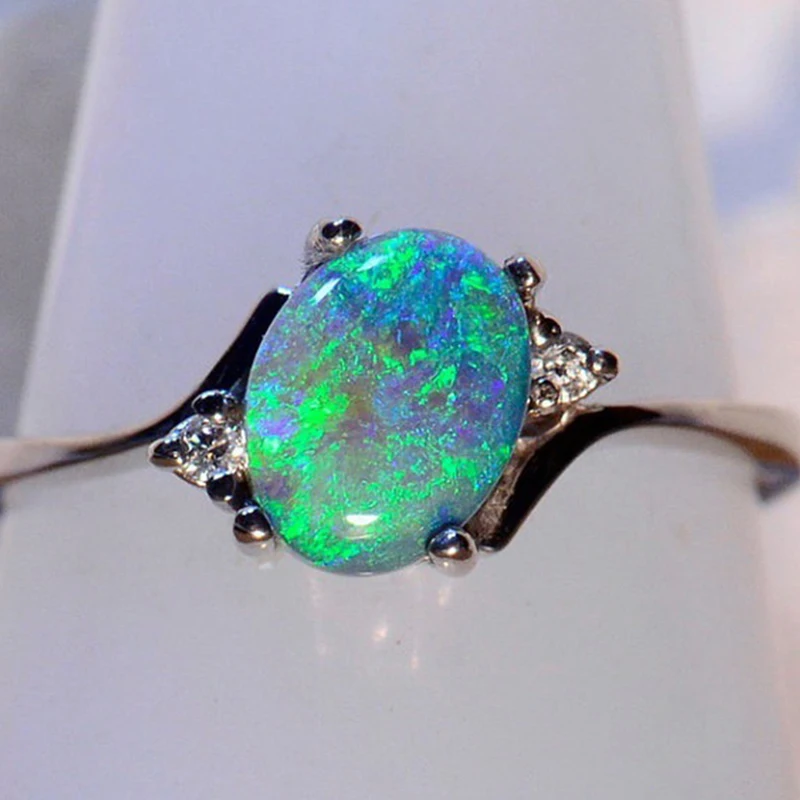 

QCOOLJLY New Design Zircon Blue/White/Green Opal Rings For Women Vintage Fashion Silver Plated Birthstone Rings for women