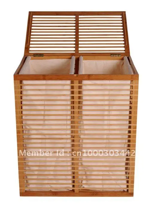 Foldable Bamboo Large Double 2 Section Laundry Hamper with Cotton