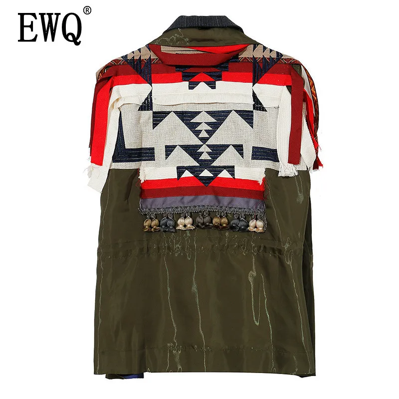 

[EWQ] 2019 Summer Spring New Patchwork Print Jacket Female Ribbon Stitching Geometric Embroidery Loose Coat Top Women QJ01606