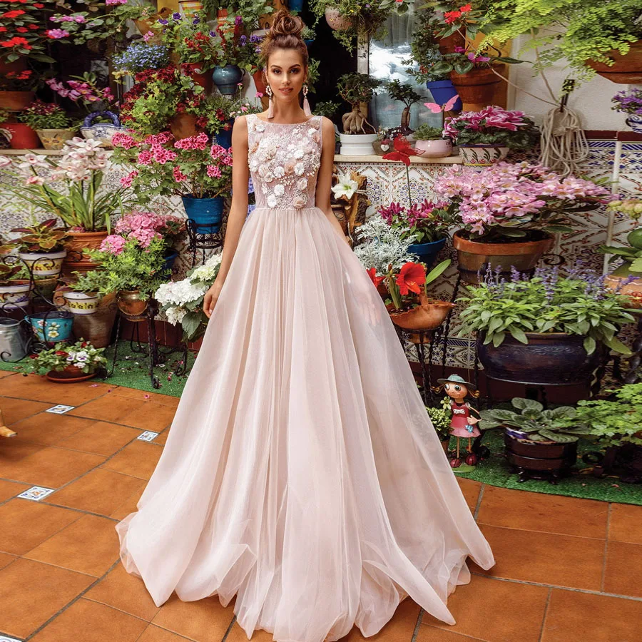 

Charming 3D-flowers Lace O-neck A-line Wedding Dress with Pearls Illusion Back Sweep Train Bridal Party Dress