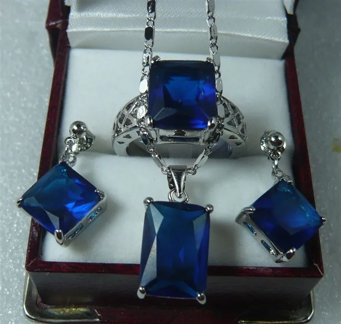 

wholesale perfect match blue crystal silver plated semi-precious earrings pendant & ring(#7.8.9) jewelry set 001