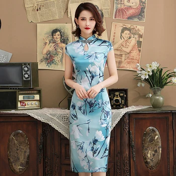 

Summer New Elegant Cheongsam Chinese Traditional Sexy Wedding Party Dress Vintage Button Qipao Mandarin Collar Satin Vestidos
