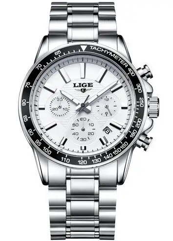 LIGE брендовые Роскошные мужские часы из нержавеющей стали водонепроницаемые кварцевые часы мужские многофункциональные спортивные наручные часы Relogio Masculino - Цвет: steel silver white