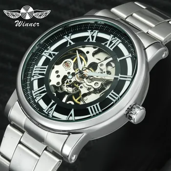 

Full Stainless Steel Mechanical Watches for Men's WINNER Top Brand Luxury Skeleton Wrist Watches Roman Numerals Fashion Clock