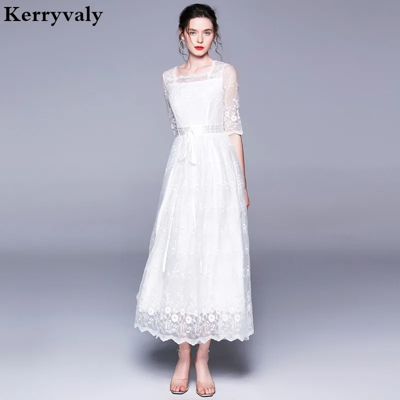 

Fairy Fresh Retro Maxi White Lace Dress Vestido Invierno Mujer 2019 Long Party Beach Dress Robe Boheme Femme Sukienki K9028