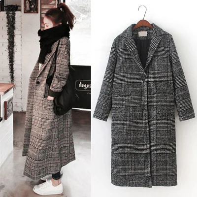 

YD-EVER Women plaid long coat long sleeve woollen overcoat loose outwear female winter autumn trench coats plus size