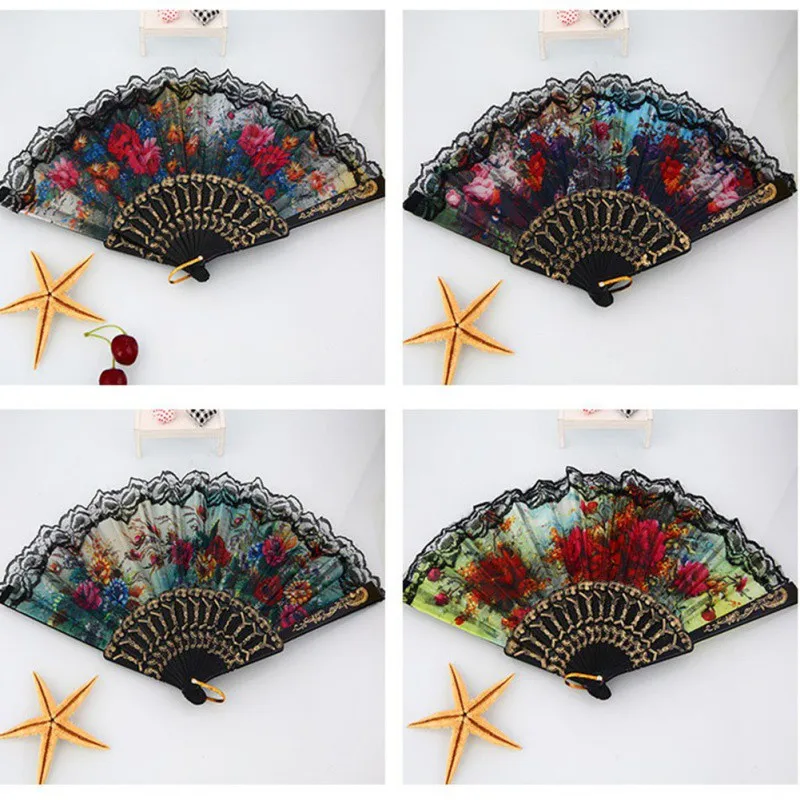 

Spanish Flower Print Foldable Lace Trim Hand Fan Decoration Cloth Fabric Fan del arte Gift Colorful Dropshipping