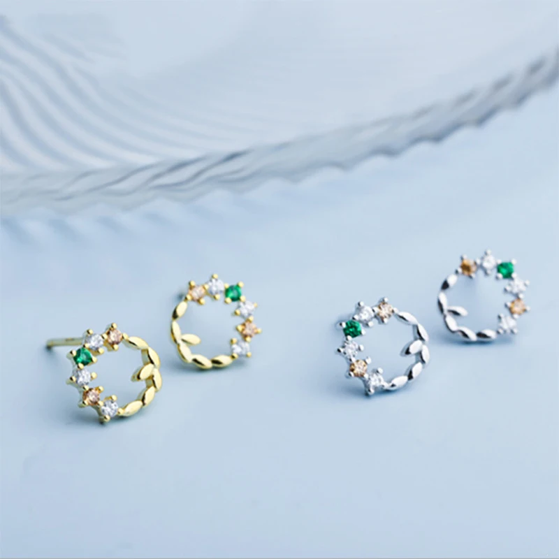 

925 Sterling Silver Flower Colorful Zircon Vintage Stud Earrings For Women Hipster Olive Branch Fashion Golden S925 Jewelry Gift