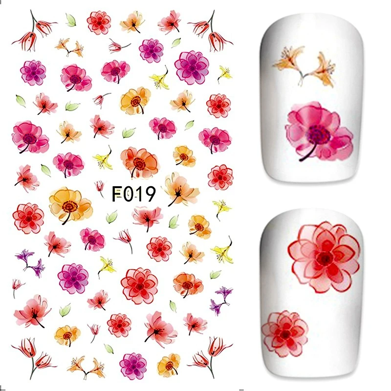 

2018 3 sheets DIY Designer Colorful Flower Nails Art decorations Stickers Nail decals manicure tools nails accessoires F019-021