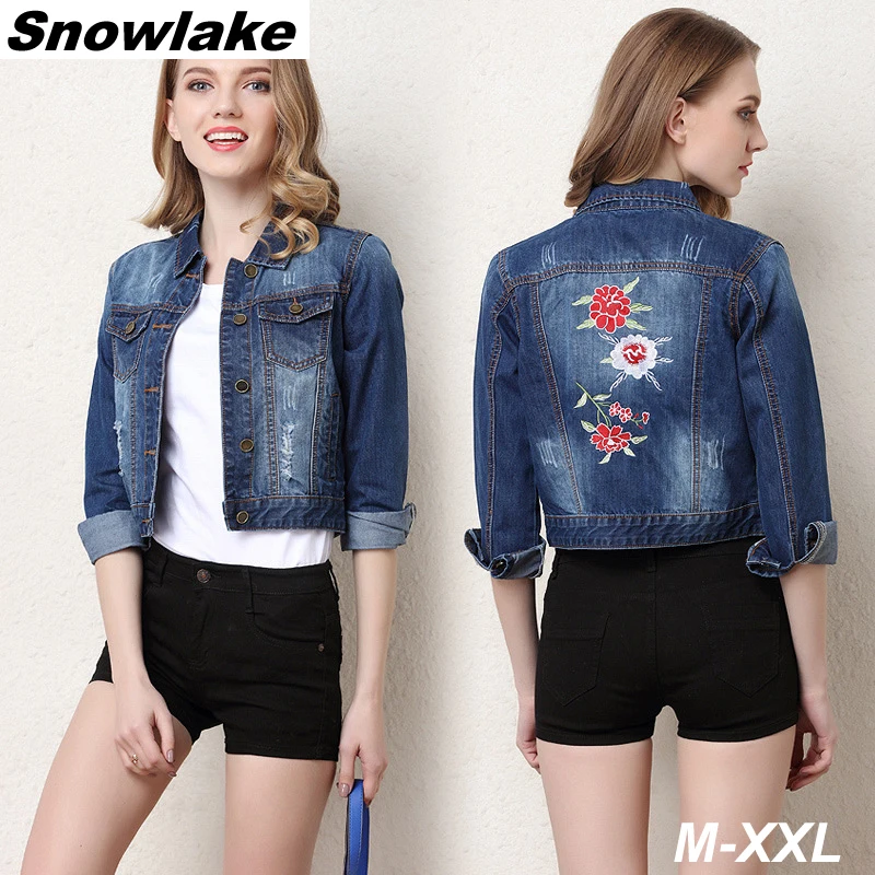 Snowlake Новая Мода Плюс Размер Топы Женщины Цветочная Вышивка Джинсовая Куртка Turn