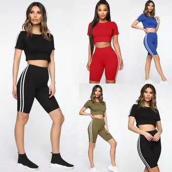 

Hirigin Women 2pcs Outfits Casual Striped Tracksuit Crop Top Short Pants Set Jogging Gym Sports Hoodies Sweatshirt Pants Suit