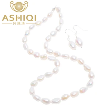 

ASHIQI Baroque Natural pearl Jewelry Sets Real Freshwater pearl Necklace 925 Sterling Silver Earrings for women New