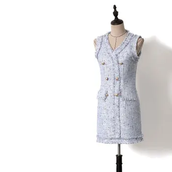 

New 2019 Spring Autumn Winter Women Double Breasted V-neck Tweed Dresses Ladies Elegant Sleeveless Tassel Tank Dress Party Y106