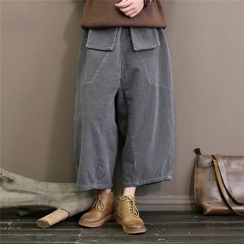 Johnature вельветовые широкие брюки для женщин, Брюки с карманами, новинка весны, эластичная талия, одноцветные мягкие винтажные повседневные штаны