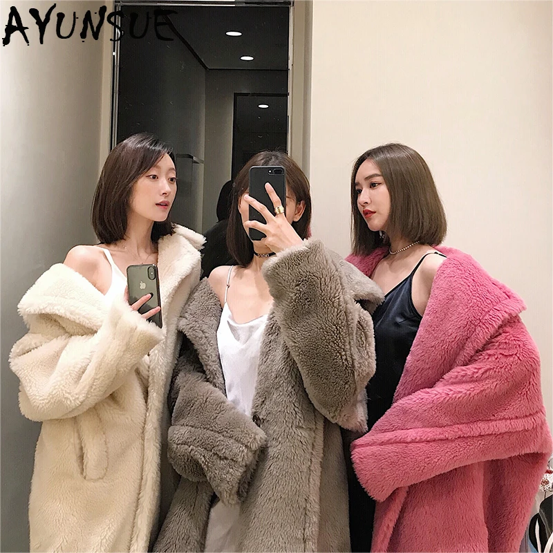 

AYUNSUE Real Fur Coat Parka Women Autumn Winter 100% Wool Coats Outwear 2019 New Fashion Long Loose Sheepskin Coat LX2340