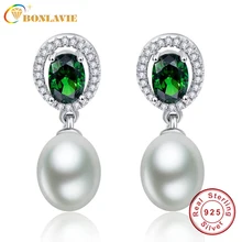 Vintage Oval Cut 4.7Ct Esmeralda Pendientes de Perlas de Agua Dulce Pendientes 925-sterling-silver Joyería Cuelga Los Pendientes para Las Mujeres