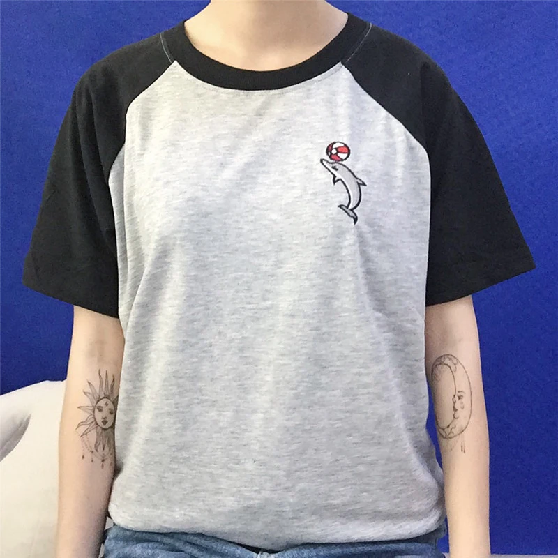 

Ulzzang Harajuku T Shirt Femme Cartoon Animal Embroidery Hit Color Summer Tops for Women 2019 S-XL Raglan Sleeve Camiseta Mujer