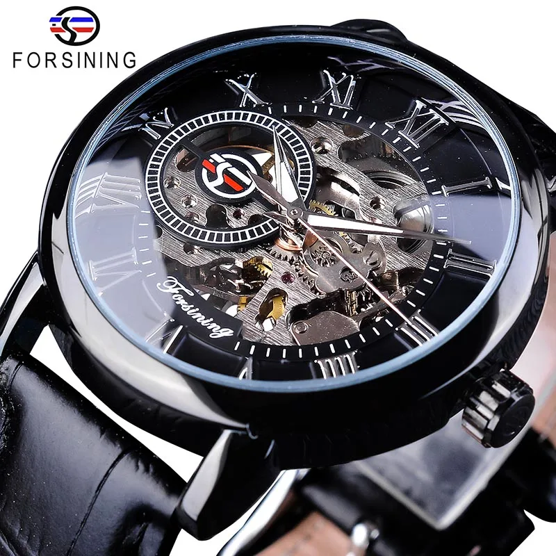 Forsining 3d логотип дизайн полые гравировка черный золотой чехол кожаный Скелет механические часы для мужчин люксовый бренд Heren Horloge - Цвет: Black